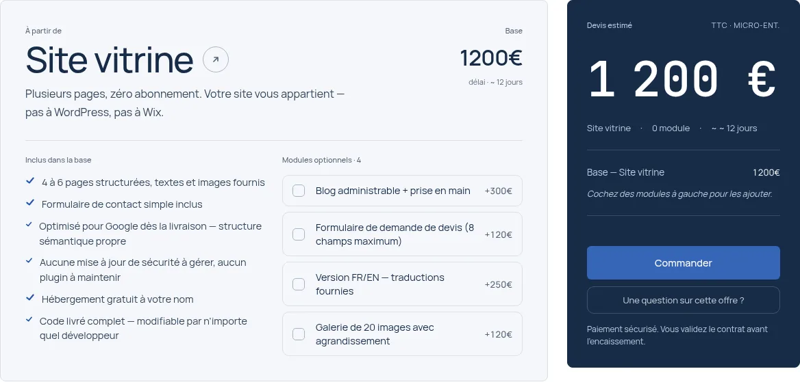 Le configurateur Akvayli : prestations, options et devis détaillé
